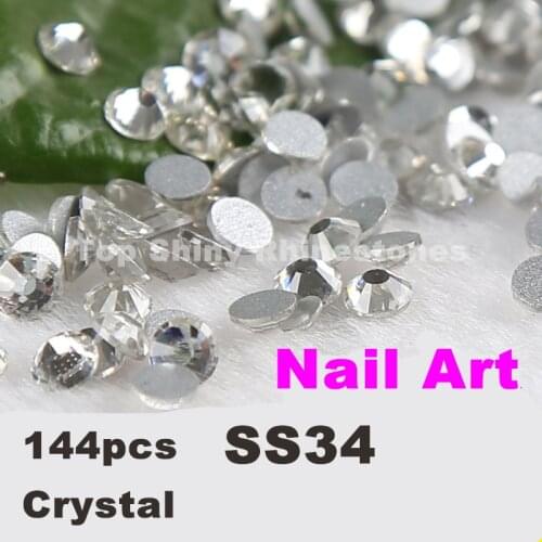 Hot Seling 144pcs/Lot, ss34 (7.2-7.4mm) Crystal/Clear Flat Back Nail Art Non Hotfix Rhinestones