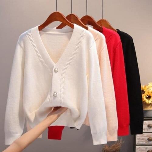 2021 Autumn Women Fashion Long Sleeve V-Neck Solid Knitted Sweaters Casual Button Loose Cardigans All Match Winter Outwear Coat