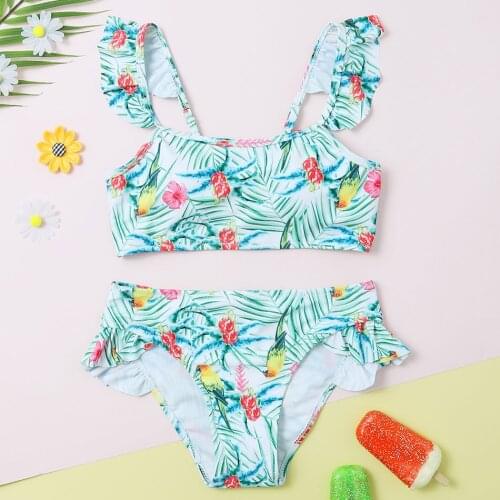 Tropical Ruffle Girl Swimsuit Kids Print Two Piece Childrens Swimwear Teenage Girl Bikini Set Girls Bathing Suit Beachwear 2021