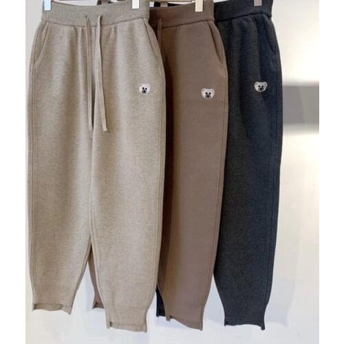 Casual All-match Thick Knit Close-up Guard Pants Fun Bear Embroidery Elastic Waist Trousers