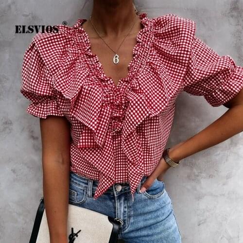 New Women Summer Fashion Ruffled V Neck Plaid Printed Shirts Elegant Slim Short Sleeves Casual Pullover Streetwear Party Blouses