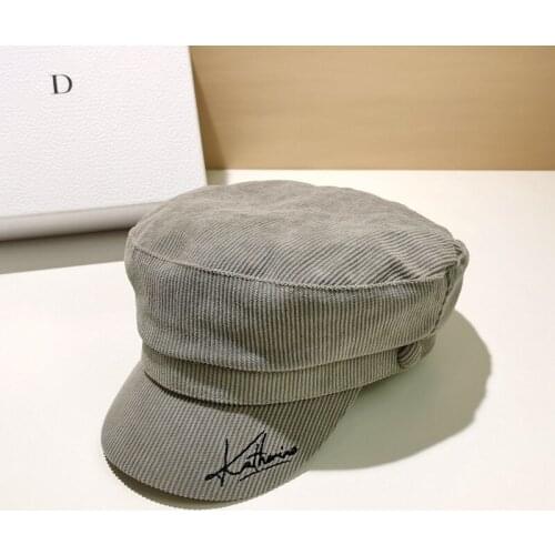 Autumn Winter Military Hats For Women Fashion Letter Sailor Hat Korean British Wild Corduroy Navy Hat Female Casual Flat Top Cap