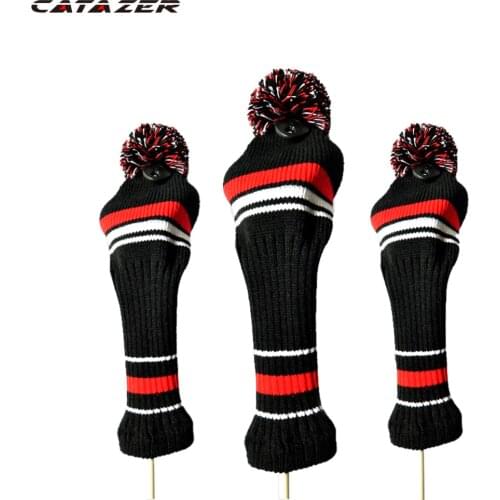 Catazer 3pcs Golf Club Knitted Headcover Golf Head Covers Red White Stripes Head Cover Sock Black Red Head Cover for Women