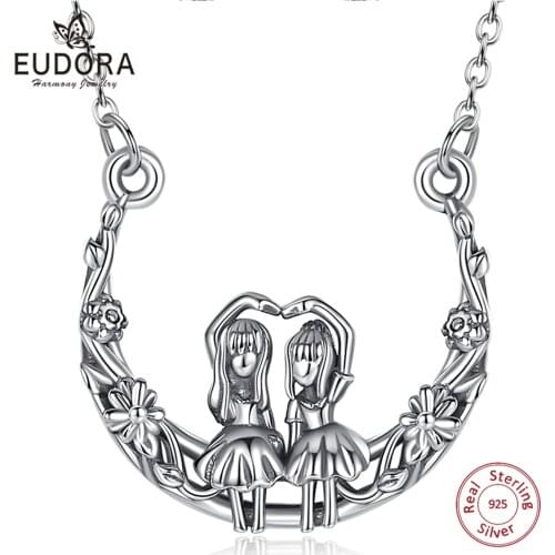 Eudora Real 925 Sterling Sisters Moon Pendant Necklace Friendship Fashion Fina Jewelry Birthday Gift for Girl Women cy673