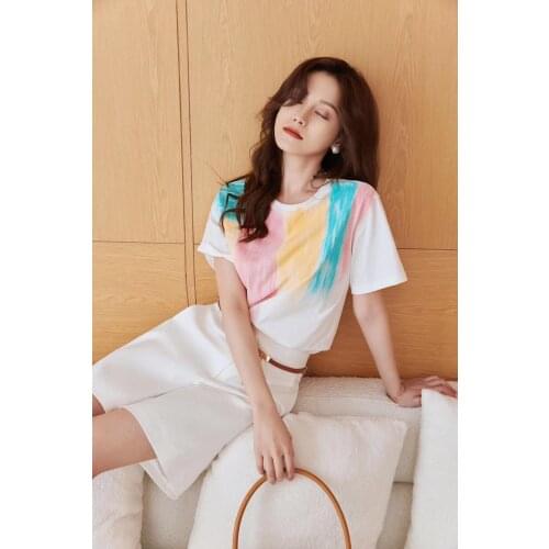 Runway Fashion Women Tees 2021 Summer New Arrival Hand Painted Print White / Black Casual Hot Sale Ladies Casual T-Shirts