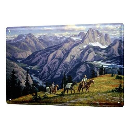 Tin Sign Decor Plaques Western Cowboy Indian Decoration Cowboys Mountains Horses Metal Plate 8X12