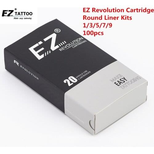 100 PCS EZ Revolution Tattoo Needle Cartridge Kits Round Liner 1 3 5 7 9 RL Mixed for Cartridge System Tattoo Machine and Grips