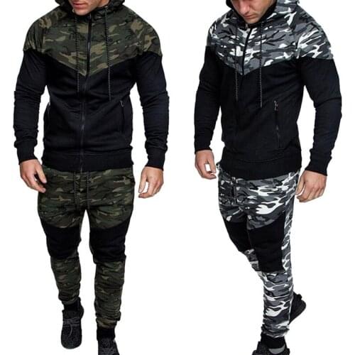 2019 New Tracksuit Sportswear Hoodies Sweatshirt Pants Jogger Suit Camouflage Printed Men Set Causal Patchwork Jacket Men 2Pcs