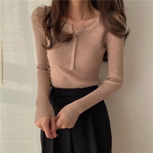 2021 Sweater Women Solid Color O-neck Pullovers Basic Primer Pull Femme Button Chic Jumper Soft Slim Autumn Knitted Sweaters