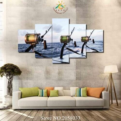 3-4-5 Pieces Fishing rod at sea Wall Art HD Painting Pictures For Living Room Printed Canvas Wall Decoration for Wall Art