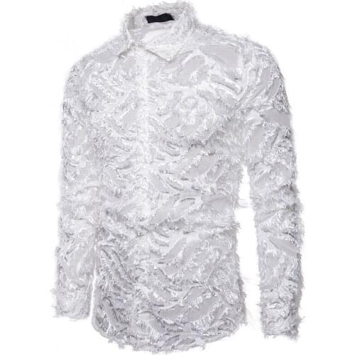 White Feather Shirt Men Hipster Nightclub Singer Prom Shirt Mens Sexy Lace Shirt Male Party Wedding Stage Singer Costume Homme