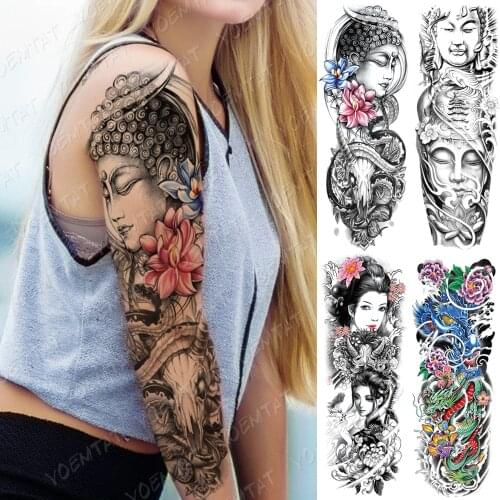 Large Arm Sleeve Tattoo Dragon Buddha Waterproof Temporary Tatto Sticker Geisha Goat Waist Leg Body Art Full Fake Tatoo Women