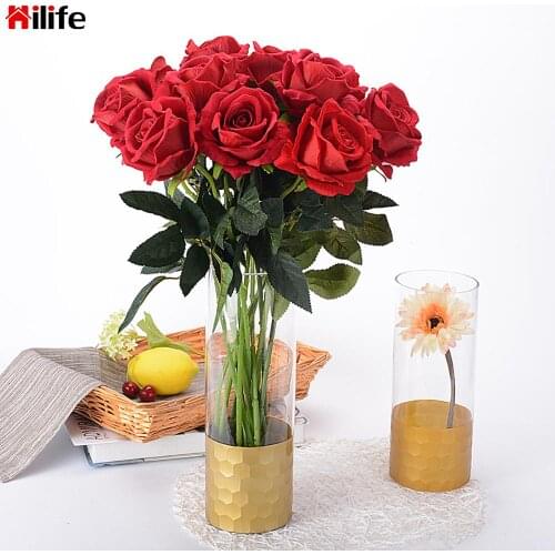 Artificial Flower Bouquet 1Pcs Valentines Day Wedding Home Table Decor Fake Rose Beautiful Red/White Silk Roses