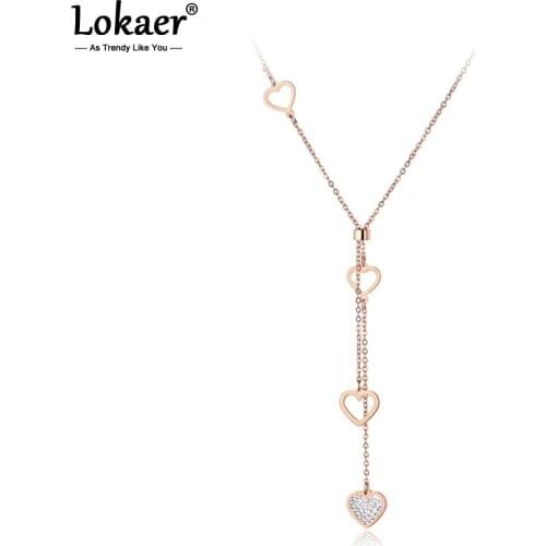 Lokaer Original Design Titanium Steel Lovely Heart Charm Necklaces Jewelry CZ Crystal Pendant Chain Necklace For Women N19075