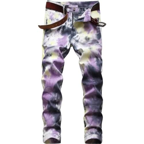New Mens Male Fashion Casual Tie and Dye Stretch Denim Jeans Trendy Fancy Colored Purple Printed Pants Trousers