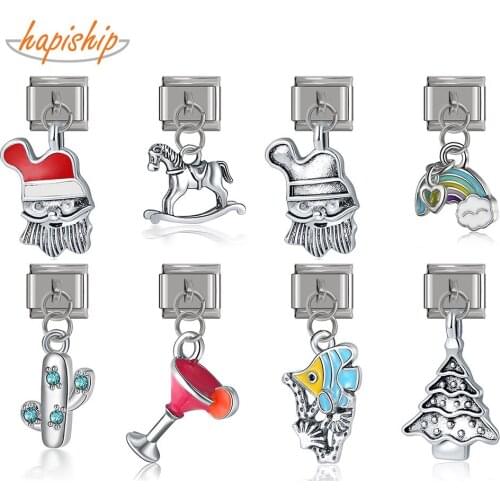 Hapiship New Original Daisy Rainbow Cup Christmas Tree Italian Charm Link Fit 9mm Bracelet Stainless Steel Jewelry Making DJ336