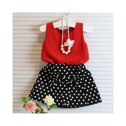 Summer fashion trend sweet girl baby round neck wave point set girl new bow girl cotton short skirt suit
