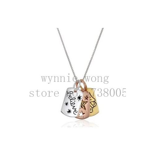 2015 New Inspirational Tri Colored Silver Yellow, Rose Gold Flashed "Believe", Stars Butterfly Charm Pendant Necklace