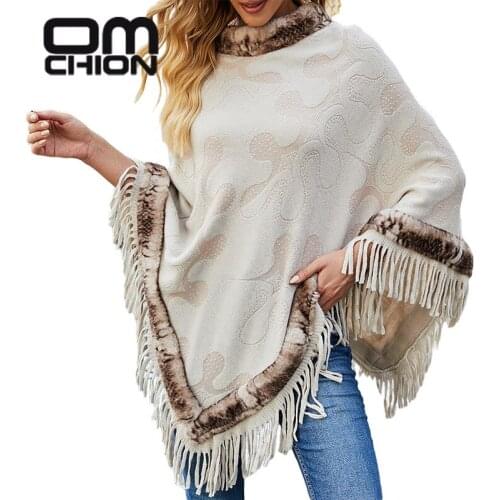 OMCHION Fur Collar Korean Ponchos 2021 Fall Winter Print Cloak Tassel Shawl Sweater Coat Women Casual Loose Overszied Cardigan
