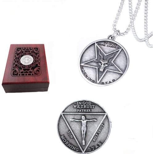 Lucifer Pentecostal Coin Silver Coin Necklace with Wooden Gift Box Festival Cosplay Accessories