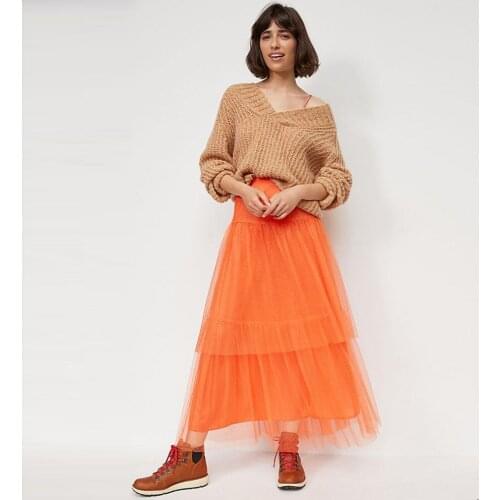 Modest Orange Dots Tulle Women Skirts Plus Size Ankle Length A-line Female Bottoms Tiered Mesh Skirt