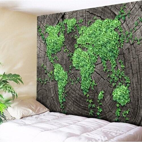 Dark Gray Annual Ring Wood and Green Leaf World Wall Hanging Bohemian Mandala Tapestry Art Home Decor Wall Rug Hippie Blanket