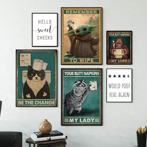 Vintage Funny Toilet Bathroom Decoration Canvas Painting Flamingo Black Cat Bathing Retro Posters and Prints Wall Art Pictures