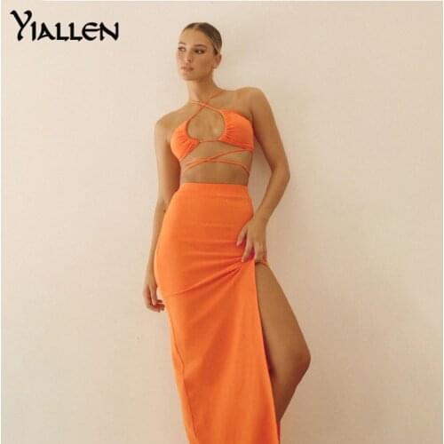 Yiallen Summer New Camisole Two Piece Skirt Set Fashion Casual Party Vacation Beach Solid Rib Knit Long Skirt Set Hot Sale