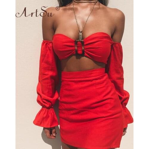 ArtSu 2020 Holiday Summer Two Piece Set Women Sexy Off Shoulder Bustier Crop Tops And Mini Skirt Bohemian Set Outfits White Red