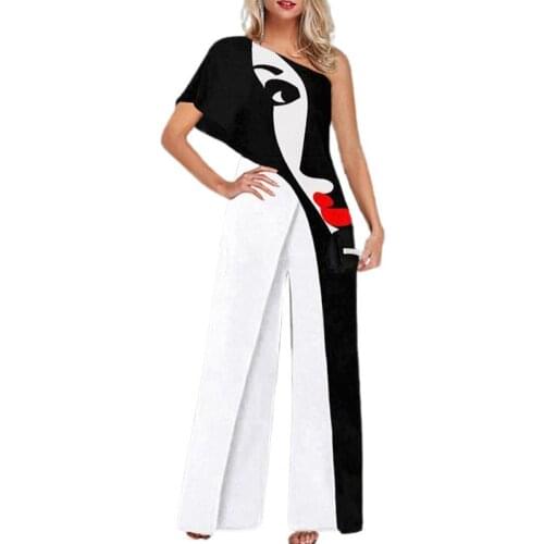 Women Jumpsuit 2021 Ladies Face Print Slash Shoulder Autumn Batwing Sleeve Off Shoulder Wide Leg Jumpsuit Streetwear