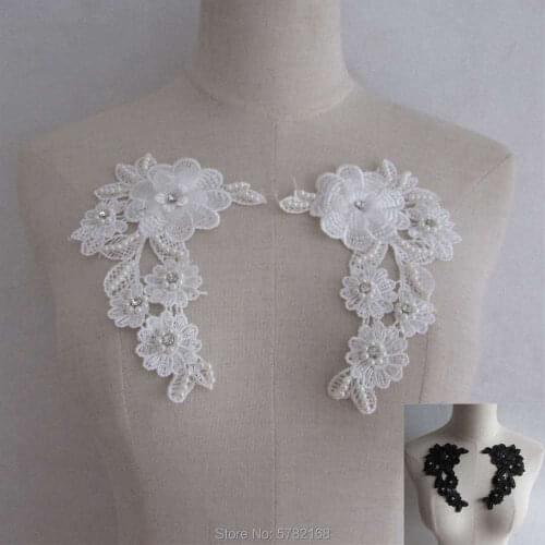 1Pair Ivory Black Beaded Water soluble Lace Flowers Wedding Dress Veil diy Material Clothing Decoration Accessories Patch