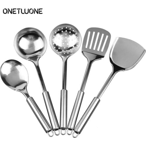 5pcs Stainless Steel Cooking Tools Spoon Shovel Cookware Frying Shovel Colander Noodle Spaghetti Spoon Kitchen Cooking Tools