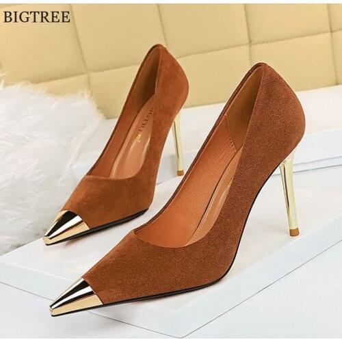 7/9.5cm Thin High Heels Women Pumps Autumn Black Khaki Solid Flock Shallow Fashion Metal Pointy Toe Ladies OL Office Shoes Dress