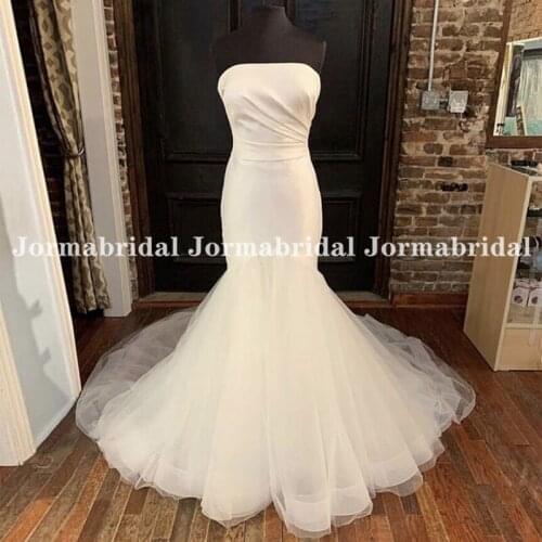 2021 Mermaid Ivory Satin Wedding Dress With Tulle Skirt Simple Long Chapel Train Strapless Bridal Dress Zipper With Buttons Back