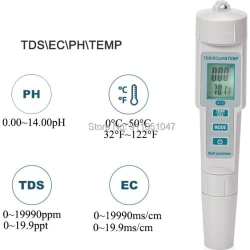 4 in 1 PH TDS EC Temperature Meter Acidimeter Digital Water Quality Tester Backlight Display for Pool Drink Water Aquarium PH686