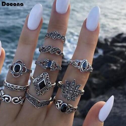Docona 11pcs/sets Retro Silver Color Rings Geometric Crystal Stone Vintage Flowers Wave Jewelry for Women Accessories Gift 9346
