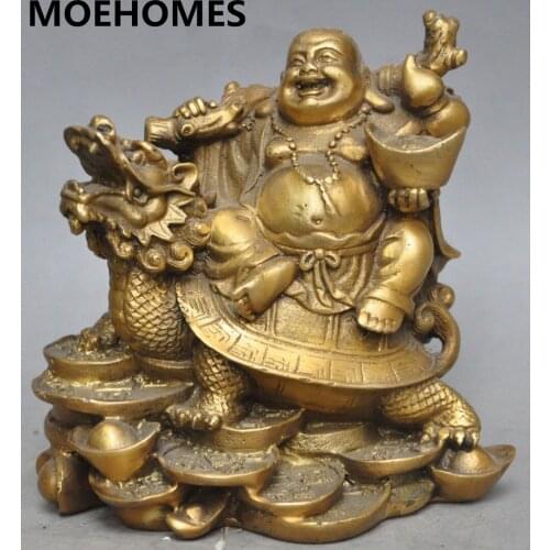 MOEHOMES 5" chinese brass wealth money coin ingot Maitreya Buddha dragon Tortoise statue metal handicraft decorations