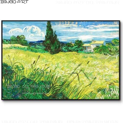 Artist Hand-painted High Quality Green Wheat Field with Cypress Trees Oil Painting Reproduce Van Gogh Green Field Oil Painting