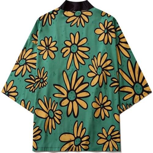 Kimono Cardigan Shirt Women Traditional Green Flowers Print Kimono Beach Haori Women Japanese Yukata Female Men Asian Clothes