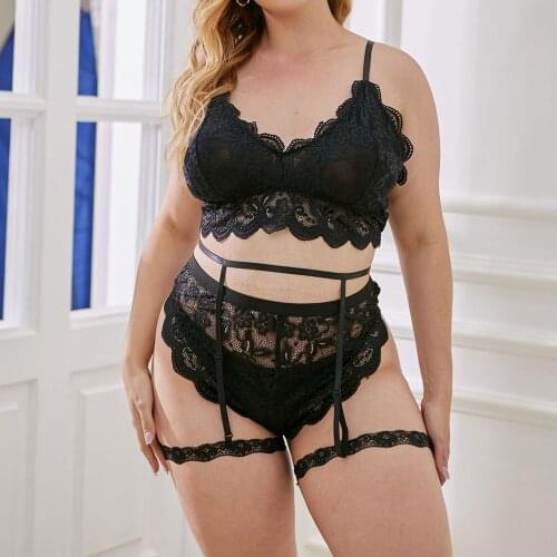 3 Pieces Plus Size Sexy Lingerier Set Lace Scallop Trim Garter Bralette Women Wholesale -40