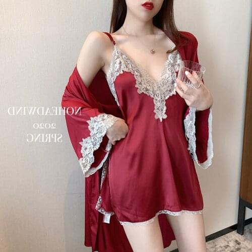 Lace Halter Dress Lady Sexy Ice Thin SuitAutumn Silk Nightdress Nightgown Two-piece Household Suit Sexy High palace Pajamas