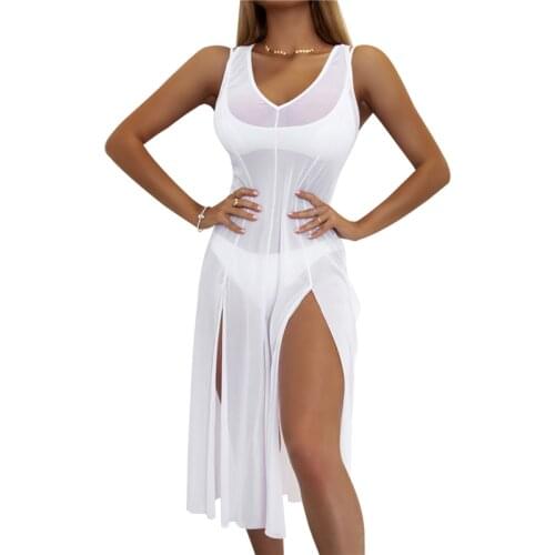 Summer Women Beach Dress Solid Color Sheer Sleeveless Bikini Cover Short/Long Dresses with Side Slits for Girls Cover Up