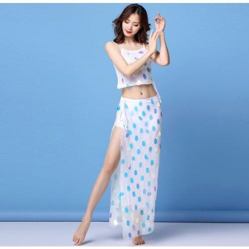 2019 Women Dance Wear Straps Outfit Over Skirt Belly Dance Costume Set 2 Pieces Sequins Top Long Hip Scarf (with shorts)
