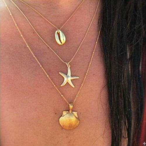Fashion Vintage Multilayer Metal Shell Conch Starfish Pendant Necklaces Women Bohemian Gold Chains Beach Necklace Jewelry YN816
