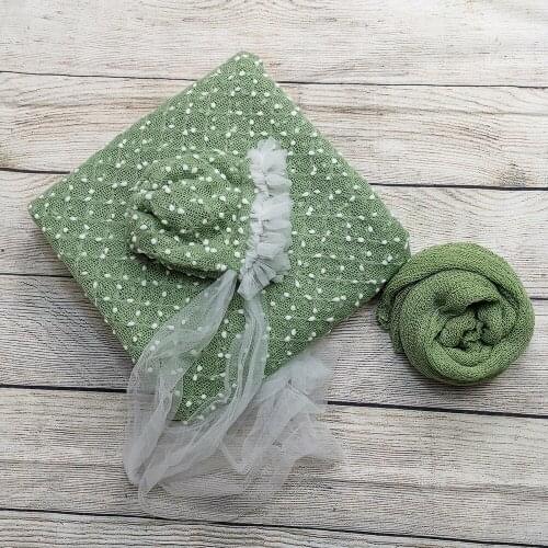 A Set 150*100cm Knit Bobble Fabric,Hair Accessories Infant Bonnet with Lace,140*30cm Stretch Wrap for Baby Photography Props