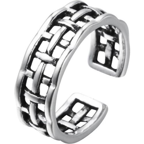 2019 New Retro Hollow Interwoven Mesh Ring 925 Sterling Silver Opening Ring For Women Thai Handmade Antique Silver Jewelry