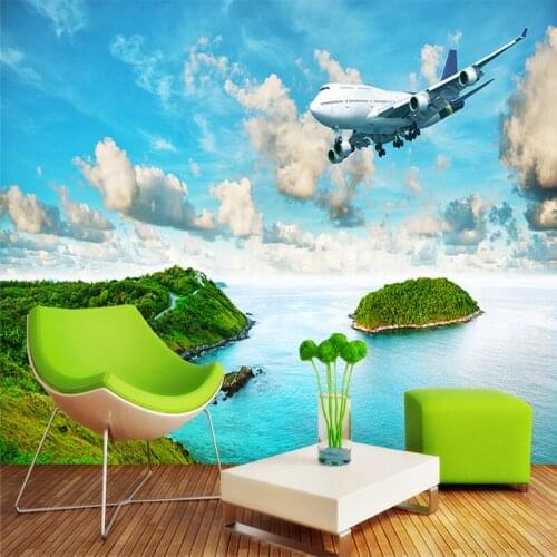 Beibehang Personalized custom wallpaper Airplane island Landscape painted sofa Bedroom TV backdrop 3d stereoscopic wallpaper