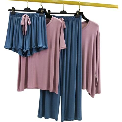 4 Pieces Womwns Pajamas Set Modal Shorts Trousers Casual Oversized Spring Summer Sleepwear Loose Soft Homewear Pijama Mujer