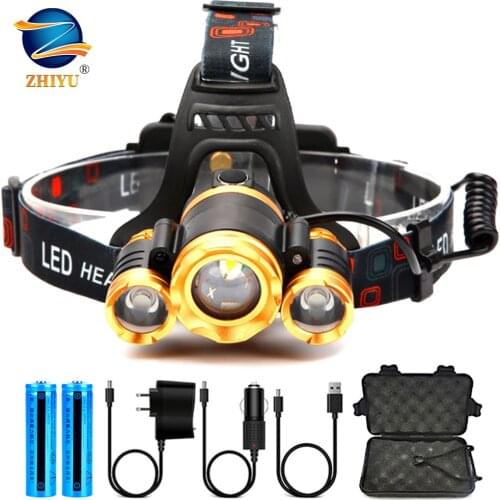 Most Powerful LED Headlight Headlamp 3LED T6 Head Lamp Power Flashlight Torch Head Light 18650 Battery Best for Camping, Fishing