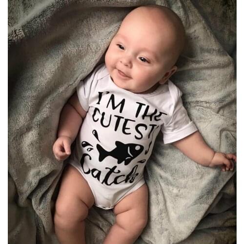 The Cutest Fish Catch Newborn Baby Boy Girl Short Sleeve Letter Print Romper Jumpsuit Outfits Baby Clothes 0-24M